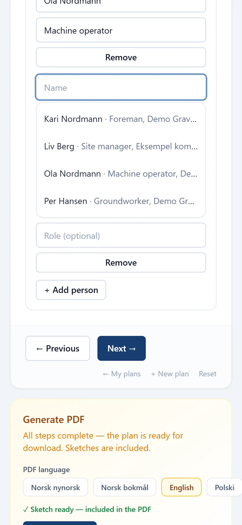 Screenshot of the plan form: saved contacts are suggested below the field for people in the trench.