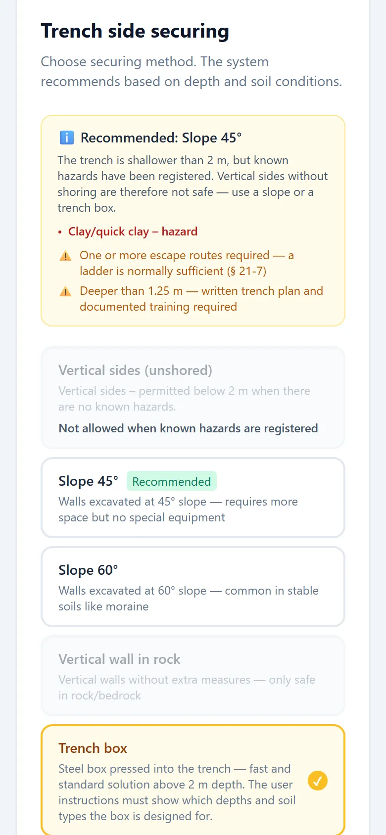 Screenshot of the sketch tool: the Shoring step, where the app recommends a shoring method based on depth and ground conditions.