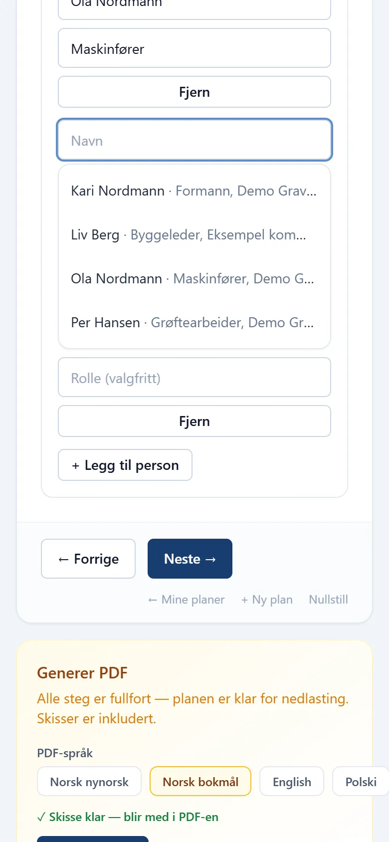 Skjermbilde av planskjemaet: lagrede kontakter foreslås under feltet for personer i grøfta.