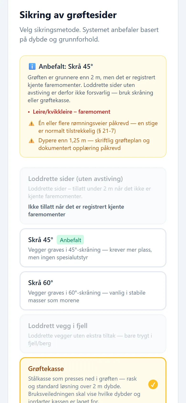 Skjermbilde fra skisseverktøyet: steget Sikring, der appen anbefaler sikringsmetode ut fra dybde og grunnforhold.