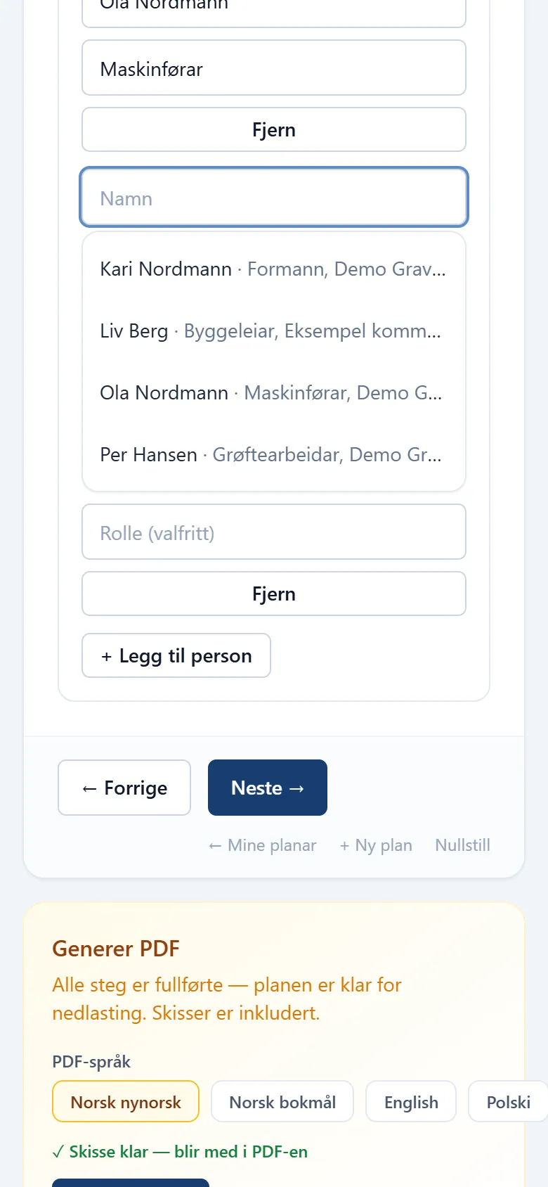 Skjermbilete av planskjemaet: lagra kontaktar blir føreslått under feltet for personar i grøfta.