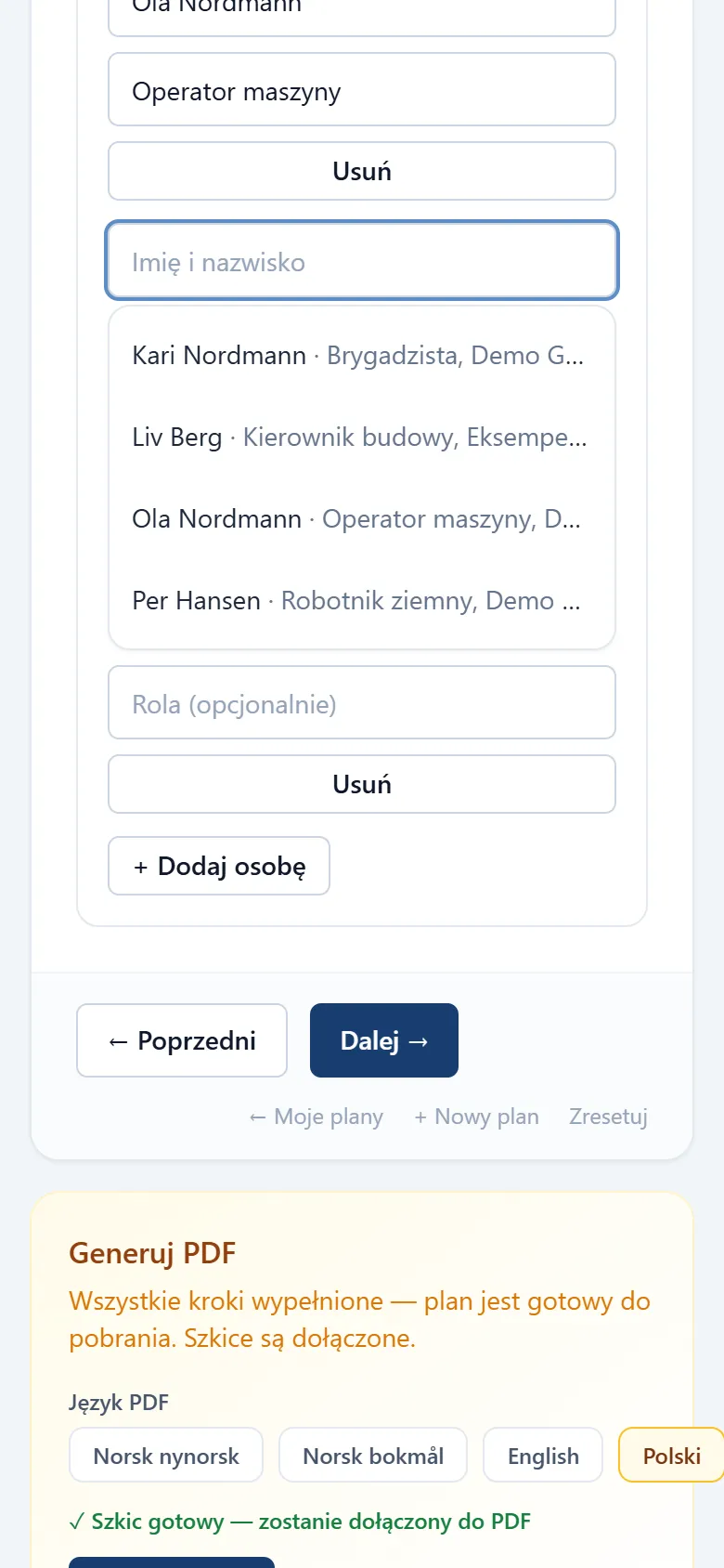 Zrzut ekranu formularza planu: zapisane kontakty są podpowiadane pod polem osób w wykopie.