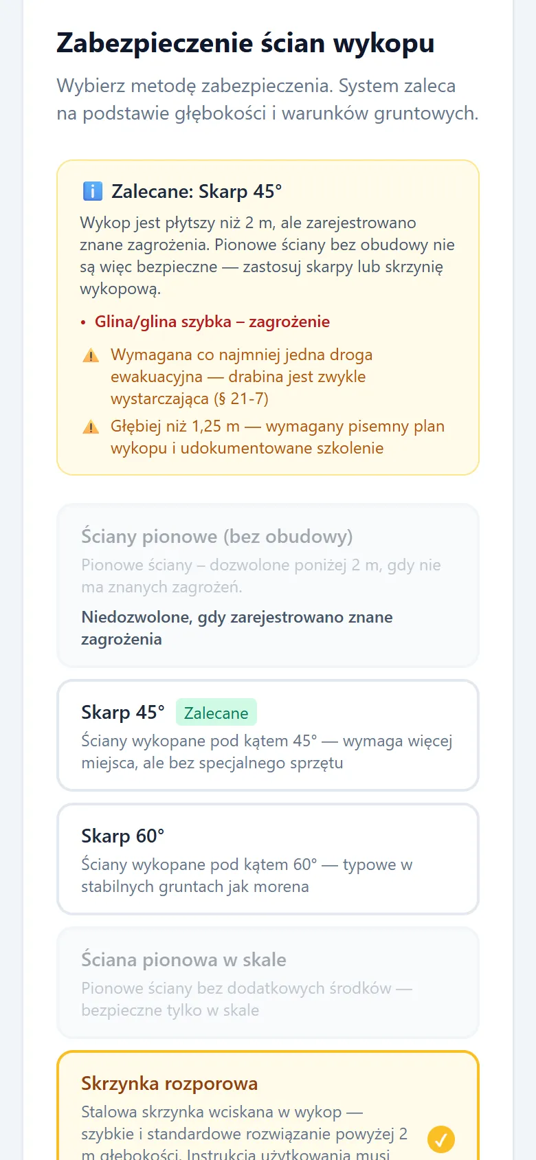 Zrzut ekranu narzędzia do szkiców: krok Zabezpieczenie, w którym aplikacja zaleca metodę zabezpieczenia na podstawie głębokości i warunków gruntowych.